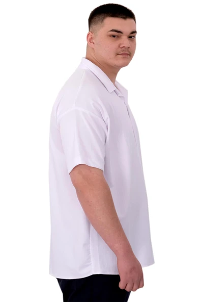 Mode XL Büyük Beden Erkek Gömlek Apas Yaka Şerit Desen Jakar U24382 Beyaz - Resim 2