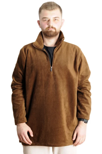 Mode XL Erkek Sweat Polo Yaka Yarım Fermuarlı Polar 22548 Kahverengi
