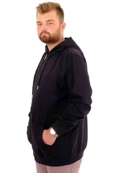 Mode XL Büyük Beden Erkek Sweatshirt Kapüşonlu Fermuarlı Recycle B24547 Siyah - Resim 2