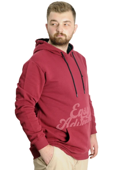 Mode XL Büyük Beden Erkek Sweat Kanguru Cep Easy Adventure 23527 Bordo - Resim 3
