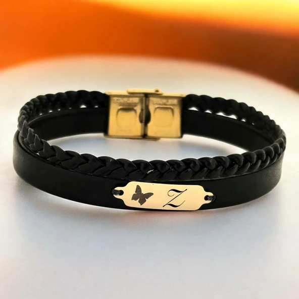 14 Ayar Altın Plakalı Harfe Özel Kelebek Motifli Hakiki Siyah Derili Hediye Bileklik-678 ürün görseli