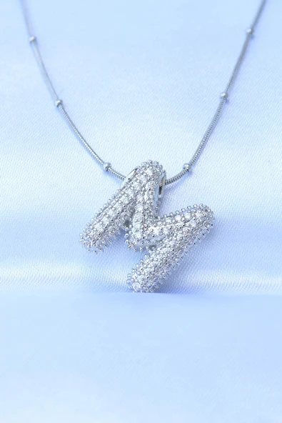 pilelistore 316L Çelik Zincirli Zirkon Taşlı M Harfli Gümüş Renk Bubble Kolye - TJ-BKO8727