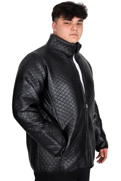 Mode XL Büyük Beden Erkek Dik Yaka Kapitone Mont U24614 Siyah Deri - 2