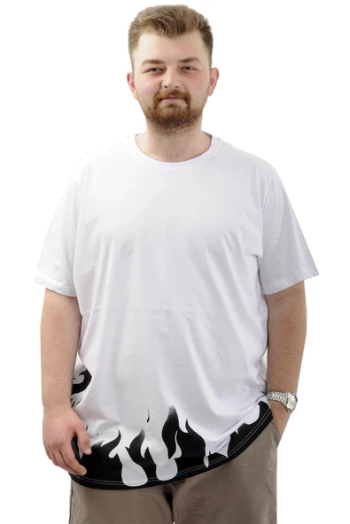 Mode XL Büyük Beden Erkek Baskılı Tişört Bisiklet Yaka Pamuklu FLAME U24082 Beyaz ürün görseli 1