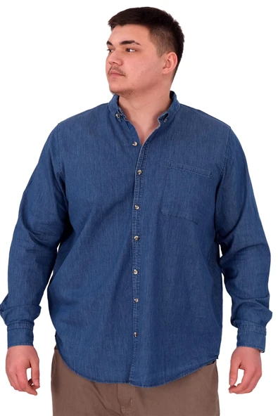 Mode XL Büyük Beden Erkek Uzun Kol Kot Gömlek U24391 Mavi - 2