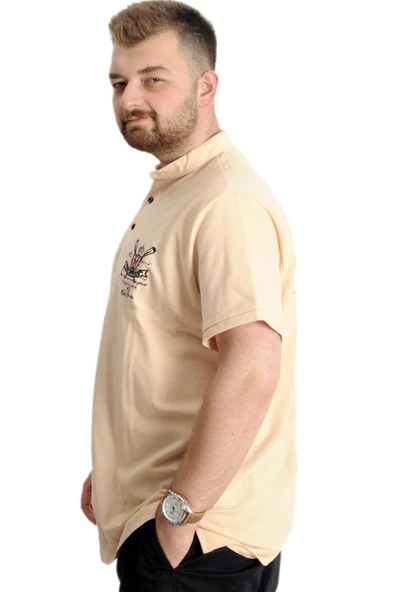 Mode XL Büyük Beden T-Shirt Hakim Yaka Yatching 22327 Bej - Resim 2