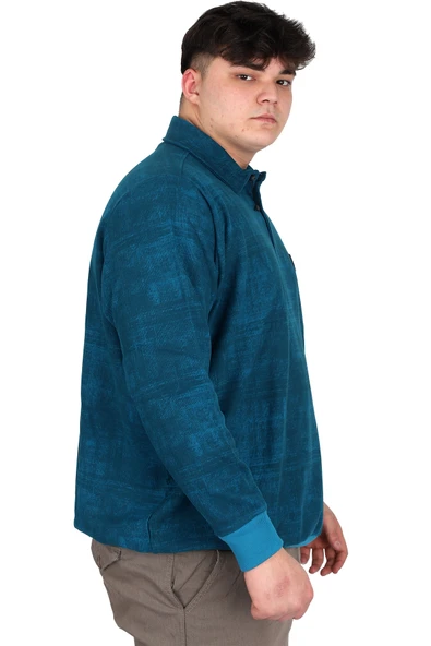 Mode XL Büyük Beden Erkek Polo Yaka Sweatshirt Baskılı Selanik U24440 Turkuaz - Resim 3