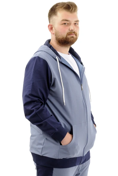 Mode XL Büyük Beden Erkek Eşofman Üstü Fermuarlı Kapüşonlu SPORT U24523 Mavi - 4