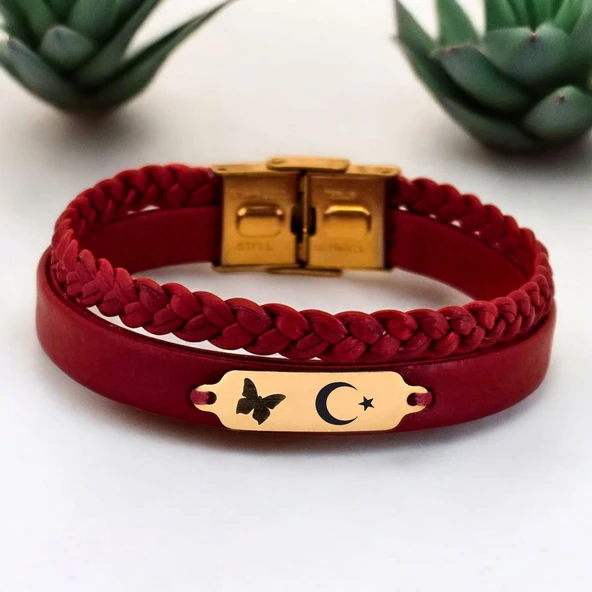 14 Ayar Altın Plakalı Sembole Özel Hakiki Bordo Derili Kelebek Figürlü Hediye Bileklik-677 ürün görseli