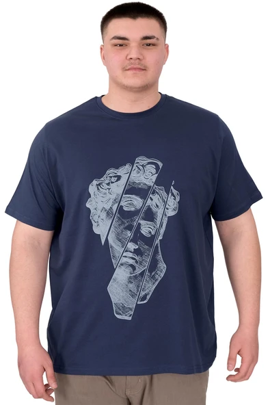 Mode XL Büyük Beden Erkek T-Shirt Bisiklet Yaka Statue U25004 Indgo ürün görseli