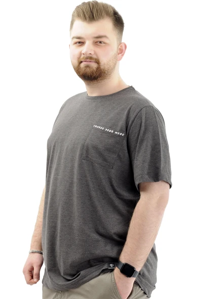 Mode XL Erkek Büyük Beden Pamuklu Baskılı Bisiklet Yaka Tişört CHANGE U24050 Antramelanj - Resim 2