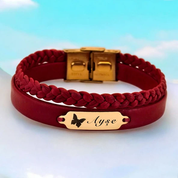 14 Ayar Altın Plakalı İsme Özel Hakiki Bordo Derili Kelebek Figürlü Hediye Bileklik-677 ürün görseli