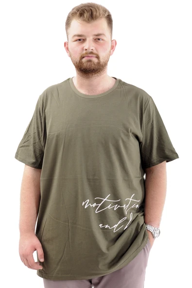 Mode XL Battal Beden Erkek Pamuklu T-Shirt Yumuşak Dokulu Baskılı BELIEF U24085 Haki ürün görseli 1