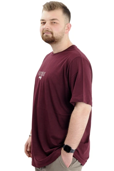 Mode XL Battal Beden Erkek Tişört Bisiklet Yaka Baskılı OUT SIDE U24041 Mürdüm - Resim 2