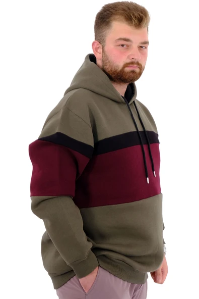 Mode XL Büyük Beden Erkek 3 İplik Sweatshirt Garnili Kapüşonlu U24545 Haki - Resim 3