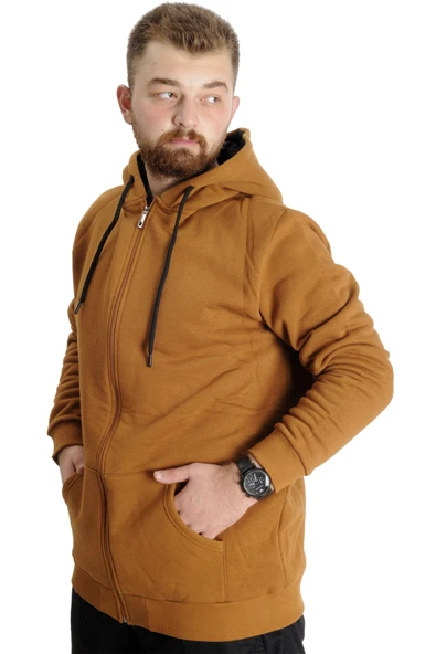 Mode XL Büyük Beden Erkek Sweat Kapşon Cep Zippered Basic 20543 Camel - 2