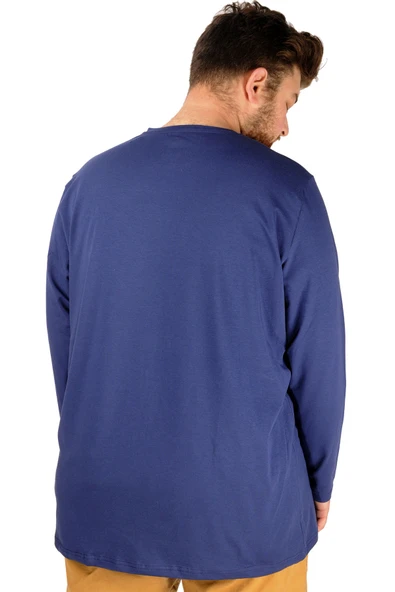 Mode XL Büyük Beden Erkek Tshirt Likralı Bisiklet Yaka 20102 Indigo - Resim 4