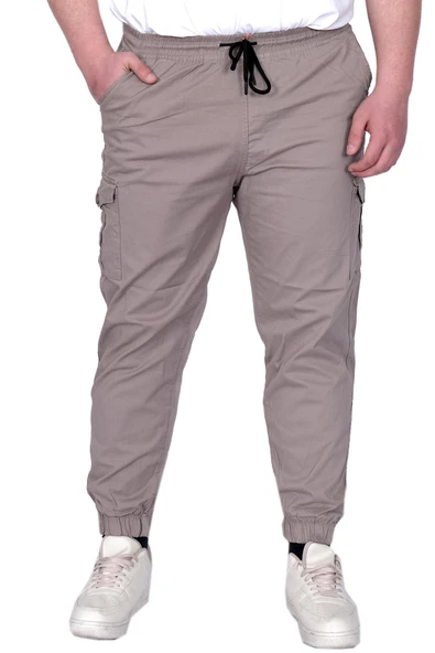 Mode XL Büyük Beden Erkek Pantolon Keten Kargo Jogger 21911 Taş Rengi