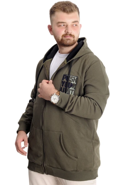 Mode XL Büyük Beden Erkek Sweat Kapşon Push Your Limit 23543 Haki - Resim 2