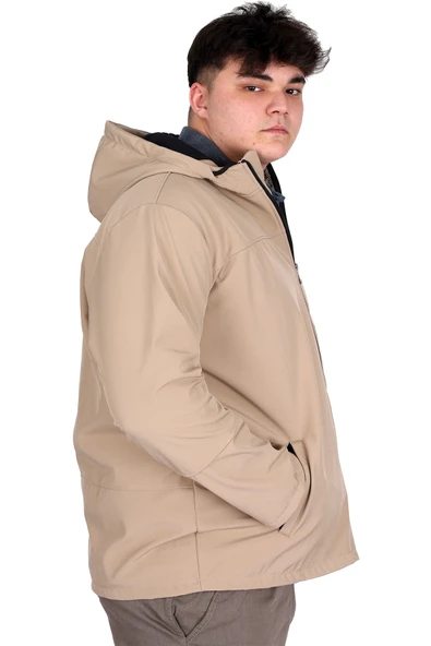 Mode XL Büyük Beden Erkek Kapüşonlu Mont Waterproof Softshell 21235 Bej - 3