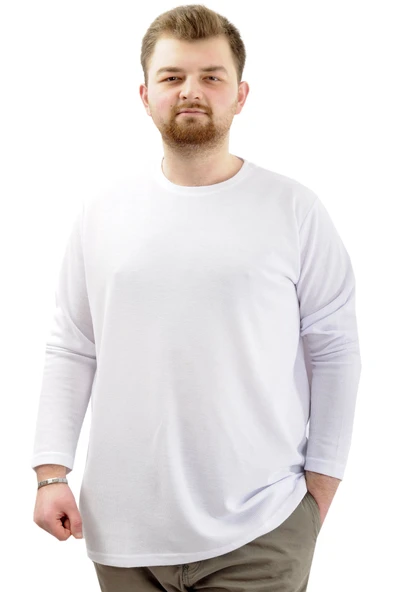 Mode XL Büyük Beden Erkek Sweatshirt Bisiklet Yaka Uzun Kol WAFFLE 23460 Beyaz ürün görseli