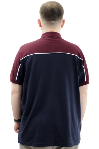 Mode XL Büyük Beden Erkek T-Shirt Polo Yaka Renk Bloklu DEER U24324 Lacivert - Resim 4