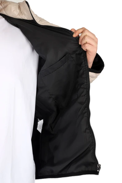 Mode XL Büyük Beden Erkek Dik Yaka Kapitone Mont U24615 Bej - Resim 5