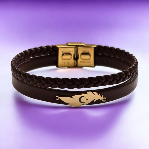 14 Ayar Altın Plakalı Sembole Özel Hakiki Kahverengi Derili Yaprak Motifli Hediye Bileklik-680 ürün görseli