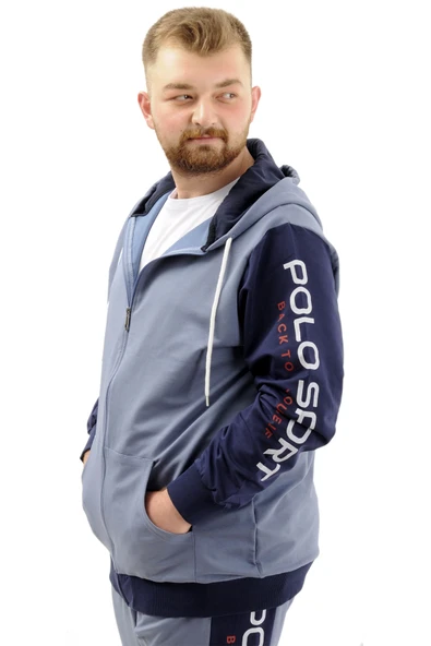 Mode XL Büyük Beden Erkek Eşofman Üstü Fermuarlı Kapüşonlu SPORT U24523 Mavi - 3