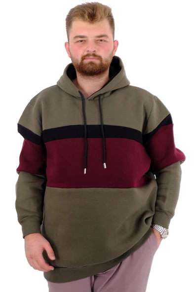 Mode XL Büyük Beden Erkek 3 İplik Sweatshirt Garnili Kapüşonlu U24545 Haki ürün görseli