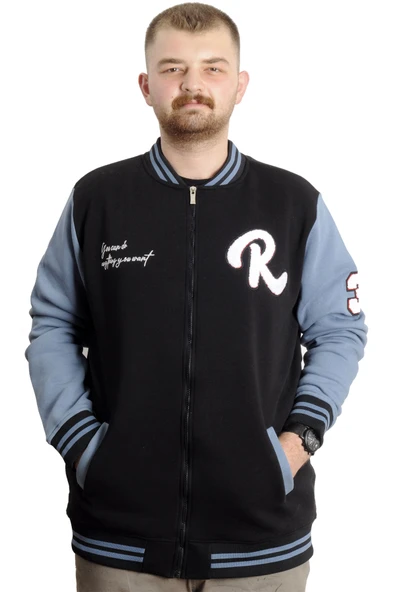 Mode XL Büyük Beden Erkek Kolej Mont Fermuarlı Nakışlı Ceket 23633 Siyah-İndigo