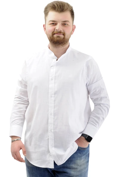 Mode XL Büyük Beden Erkek Gömlek Uzun Kol Likralı Keten Gömlek U20385 Beyaz