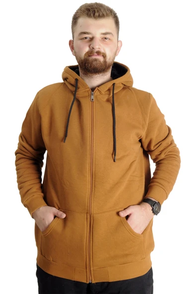 Mode XL Büyük Beden Erkek Sweat Kapşon Cep Zippered Basic 20543 Camel