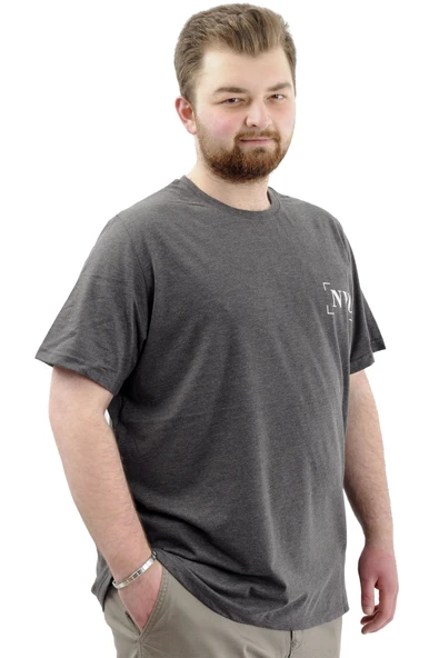 Mode XL Büyük Beden Erkek Tişört Baskılı Pamuklu Bisiklet Yaka T-Shirt NYC U24068 Antramelanj - Resim 4