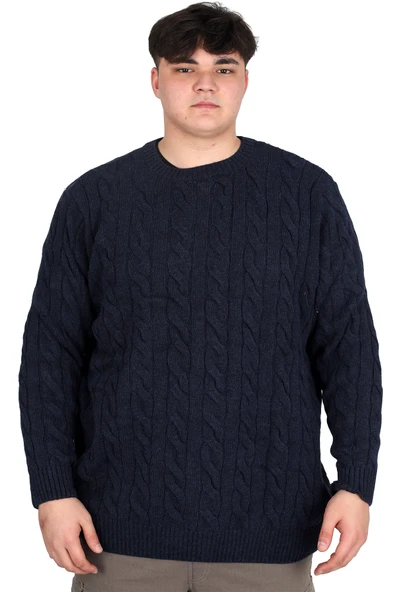 Mode XL Büyük Beden Erkek Kazak Bisiklet Yaka BRAIDED 24211 Lacivert