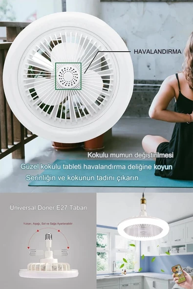 Yeni Nesil E27 Duylu Kumandalı Tavan Vantilatörlü Led Lamba 3 Hız Ayarı ve 3 Renk Ayarı - 5