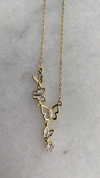 Taşlı Kelebek Gold Çelik Kolye Aksesuar Şık Takı - 2