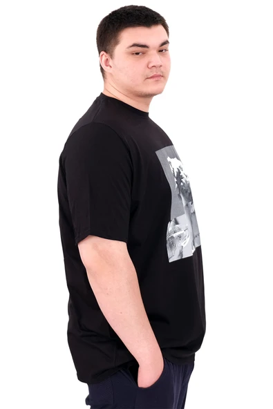 Mode XL Büyük Beden Erkek T-Shirt Bisiklet Yaka STATUE U25027 Siyah - Resim 3