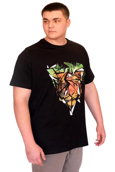 Mode XL Büyük Beden Erkek T-Shirt Bisiklet Yaka TIGER Baskılı U25007 Siyah - Resim 2