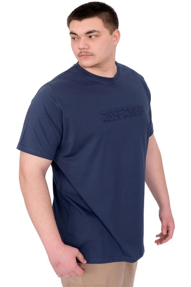 Mode XL Büyük Beden Erkek T-Shirt Bisiklet Yaka Reseve U25017 Indigo - Resim 4