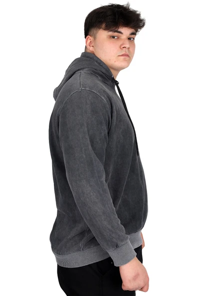 Mode XL Büyük Beden Erkek Kapüşonlu Sweatshirt Asit Yıkama Interlok U24167 Beyaz - Resim 2