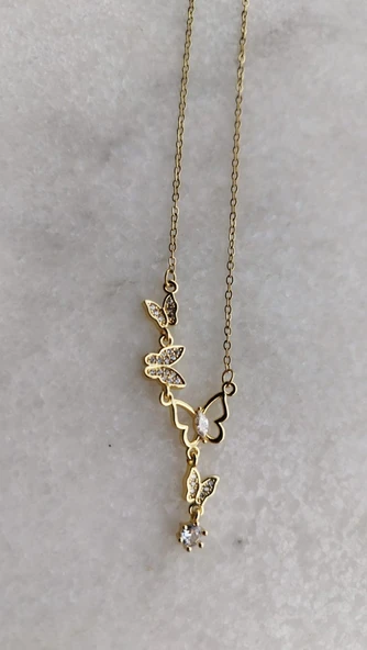 Taşlı Kelebek Gold Çelik Kolye Aksesuar Şık Takı