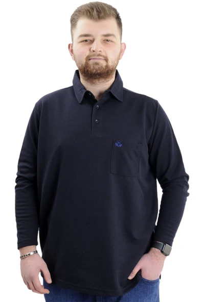 Mode XL Büyük Beden Erkek Sweatshirt Polo Yaka Uzun Kol WAFFLE 23449 Lacivert ürün görseli 1