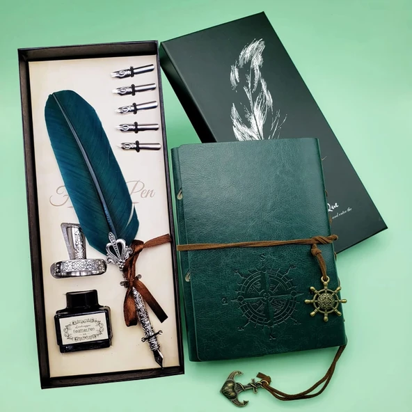 pilelistore Deri Defter ve Tüylü Mürekkepli Kalem Seti Yeşil