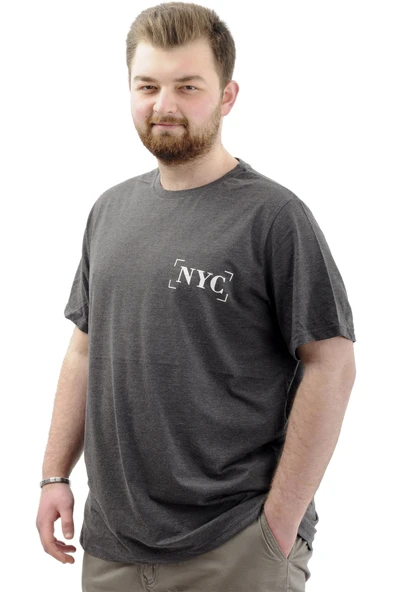 Mode XL Büyük Beden Erkek Tişört Baskılı Pamuklu Bisiklet Yaka T-Shirt NYC U24068 Antramelanj - Resim 3