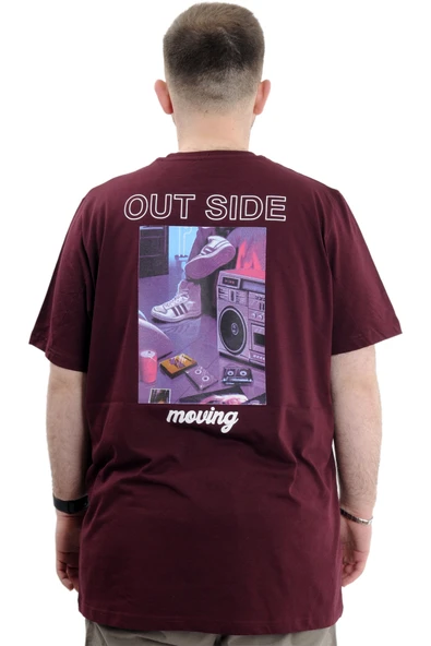 Mode XL Battal Beden Erkek Tişört Bisiklet Yaka Baskılı OUT SIDE U24041 Mürdüm - Resim 4