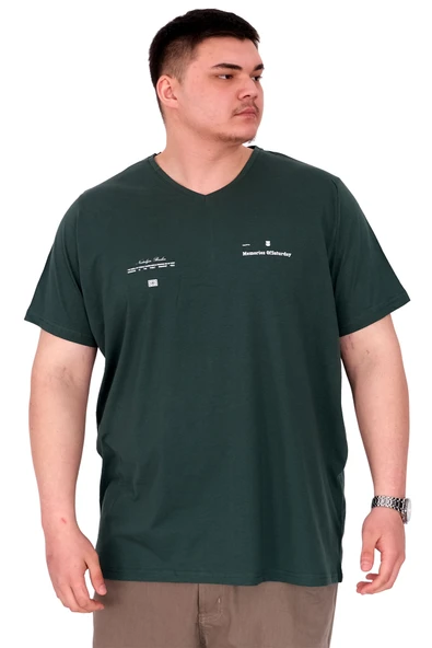 Mode XL Büyük Beden Erkek T-Shirt V Yaka MEMORIES U24055 Nefti ürün görseli