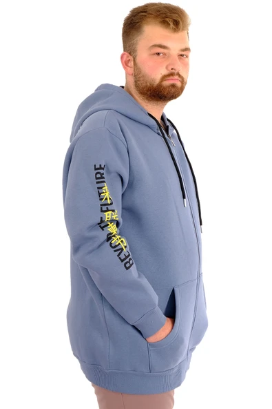 Mode XL Erkek Büyük Beden Fermuarlı Kapüşonlu Sweatshirt FUTURE U24549 Mavi - Resim 2