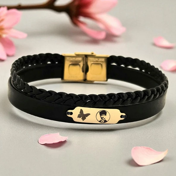 14 Ayar Altın Plakalı Sembole Özel Hakiki Siyah Derili Kelebek Motifli Hediye Bileklik-678 ürün görseli