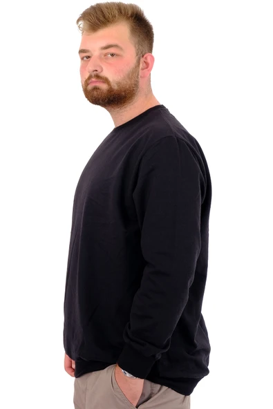 Mode XL Büyük Beden Erkek Basic Sweatshirt Bisiklet Yaka Recycle B24529 Siyah - Resim 2